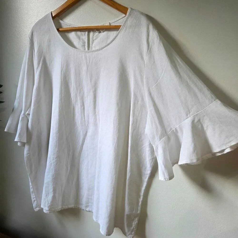EUC CYNTHIA ROWLEY WHITE LINEN BLEND WHITE BELL SLEEVES TOP SIZE 1X